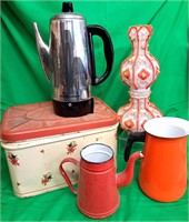 NEEDLEPOINT LIGHT VINTAGE BREADBOX & COFFEE POTS