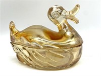 Carnival Glass Duck Lidded Dish 6” x 5”