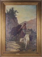 SIGNED OIL PAINTING OF HERDSMAN & HERD ANIMALS