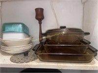 Brown pyrex bakeware and dishes