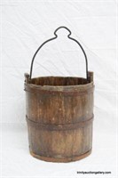 Primitive Wooden Well Bucket w/ Cast Iron Handle