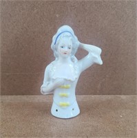Vtg Small Porcelain Half Doll / Pin Cushion Doll