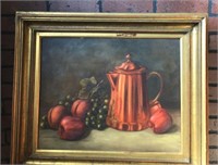 Vintage Antq Canvas Apple Grapes Tea Pot Picture
