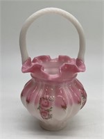 Signed Vtg. Fenton White & Pink Basket Vase