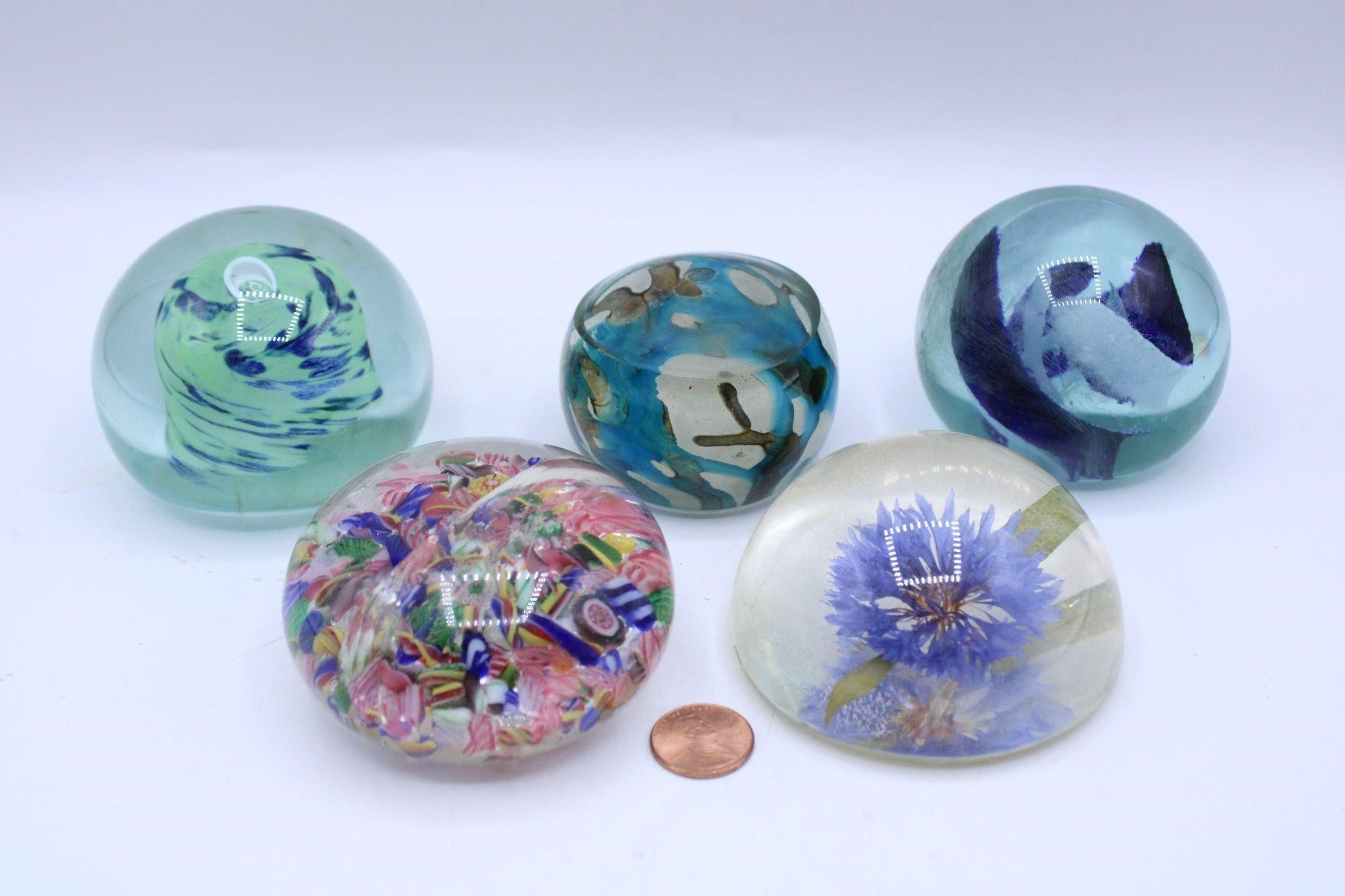 5 Art Glass and Resin Paperweights, "Mdina"+