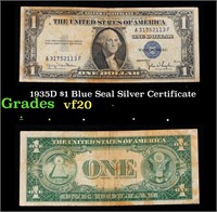 1935D $1 Blue Seal Silver Certificate Grades vf, v