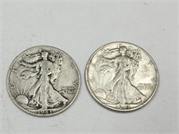 2- 1943 Walking Liberty Silver Half Dollar Coins