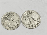 2-1942 D Walking Liberty Silver Half Dollar Coins