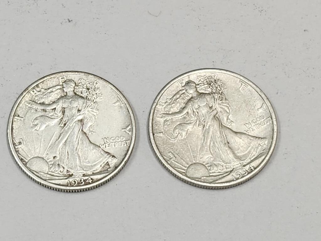 2-1934 Walking Liberty Silver Half Dollar Coins