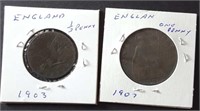 England Coins 1903 Half Penny, 1907 One Penny