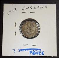 1913 Silver English 3 Pence Coin