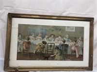 Early framed picture of girls having a tea party