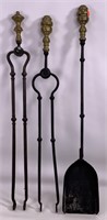 Brass top shovel and tongs, blacksmith made,