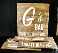 G'S BAR WOOD SIGN w/ BEER BRAND SIGNS ATTACHMENTS