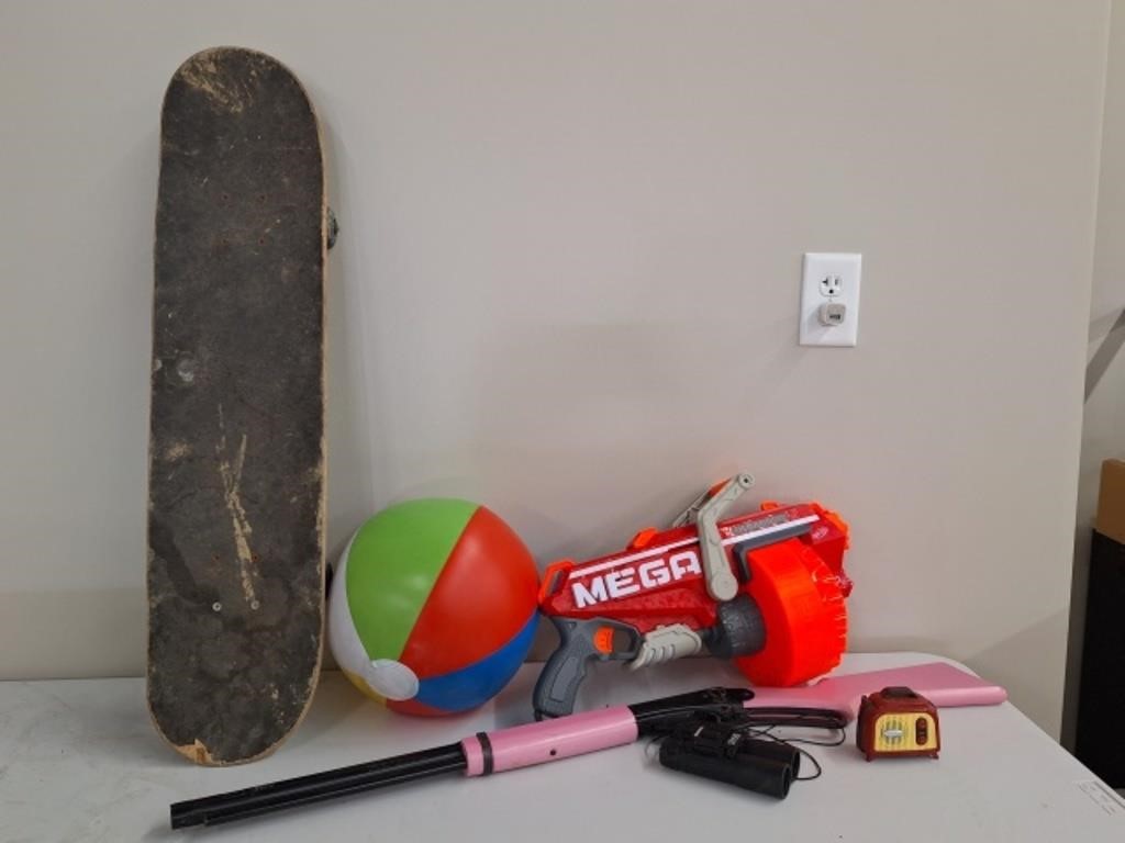 Skateboard, BB Gun, Binoculars, Radio, Nerf Gun