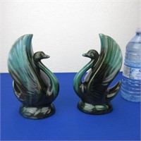 2 Blue Mountain Pottery Swan Wings Up Vases 7" H