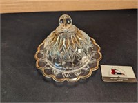 Pressed glass covered butter dish w/ gold accents