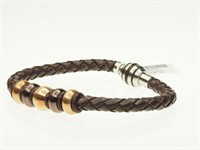 27V- Men's Stainless Steel Brown Leather Bracelet
