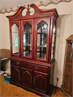 Mahogany stained lit 7ft. hutch w/ glass shelving