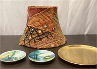 Embroidered Lamp Shade, Plate and  Saucers