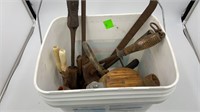 Bucket w/ antique hand tools, block pulley