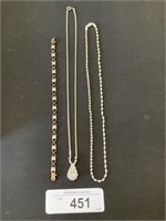 Sterling Silver Bracelet, 2 Silver Tone Necklaces.