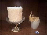FROSTY CANDLE ON STAND & GLASS ELEPHANT