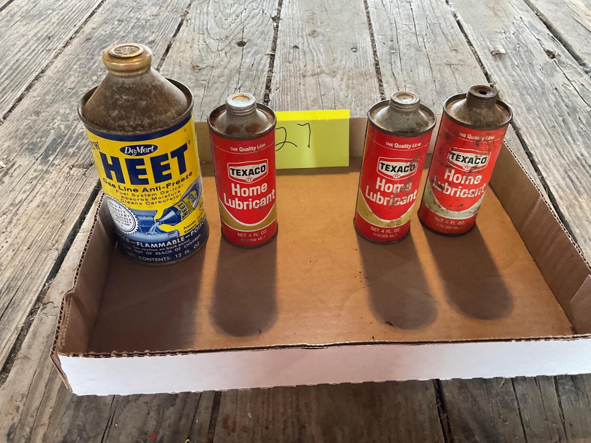 Vintage Texaco household oil cans and heat can
