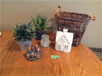 Basket, Christmas house, fake plants and more