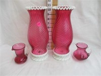 Cranberry swirl candle holders & pitchers
