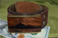 Inlaid Wood on Brass Belt Buckle w/Belt