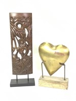 Wood Floral Plaque and Brass Heart on Stands