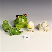 Three vintage Japan frogs, Lenox bunny, and Goebel