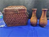 Basket & 2 Carved Wood Vases