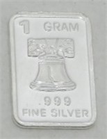 1 gram Silver Ingot - Liberty Bell, .999 Fine