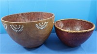 2 Wood Carved Bowls, Weave at Top, MOP Inlay