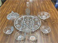 Pressed Glass Platter, Bowls, Cruet & Lid