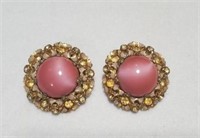 Vintage Pink Cat's Eye Button Earrings