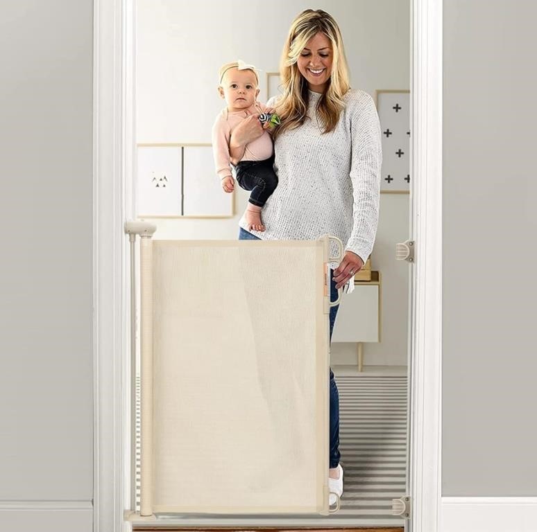 Momcozy Retractable Baby Gate, Cream, 33" Tall,