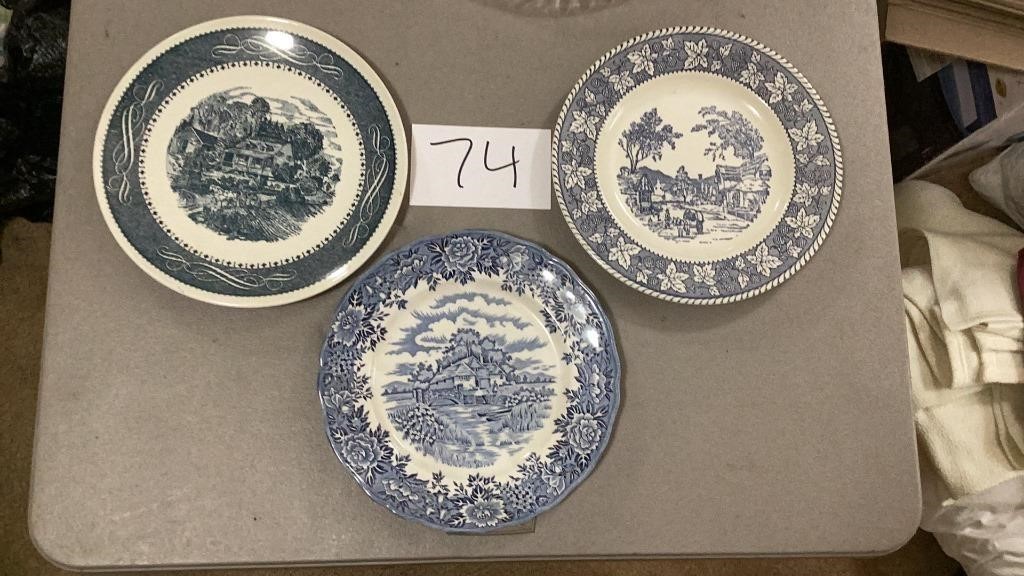 Three vintage blue and white plates. one is