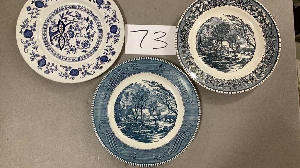 Three vintage blue and white plates one is Enoch