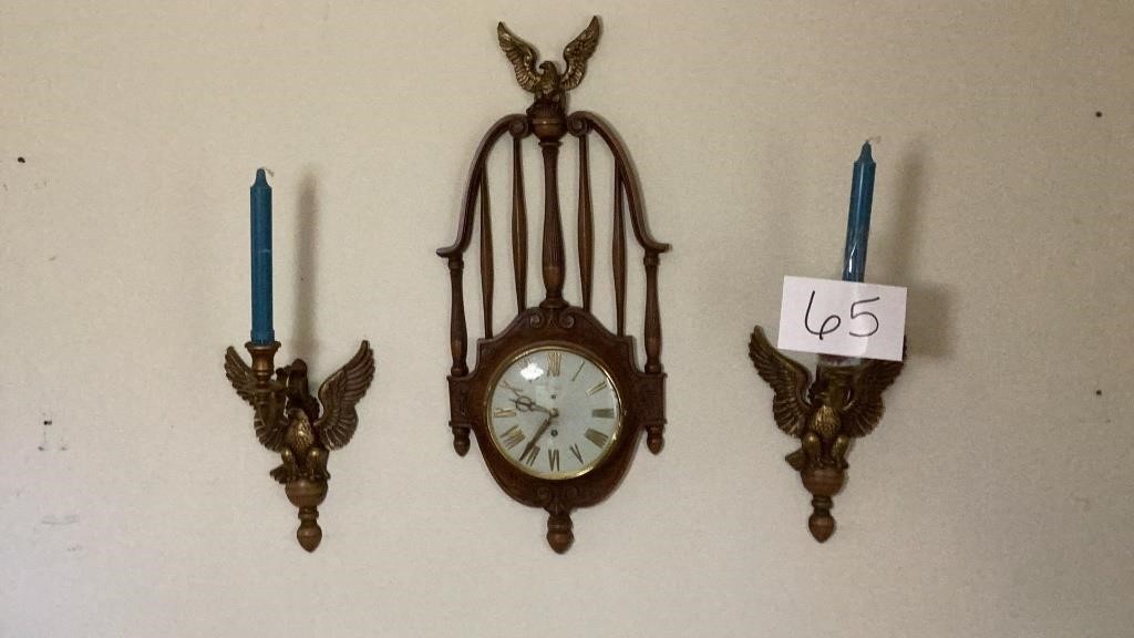 Three-piece wall decor, a Syroco clock, and two