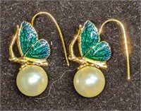 Kenneth Jay Lane Enamel And Pearl Butterfly Earrin