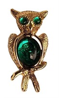 VINTAGE GOLD GREEN JELLY BELLY OWL BROOCH