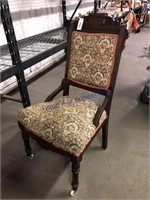 WOOD CHAIR W/ CLOTH SEAT AND BACK, ON CASTERS