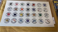 Set of 1994 NFL team milk bottle caps sheet