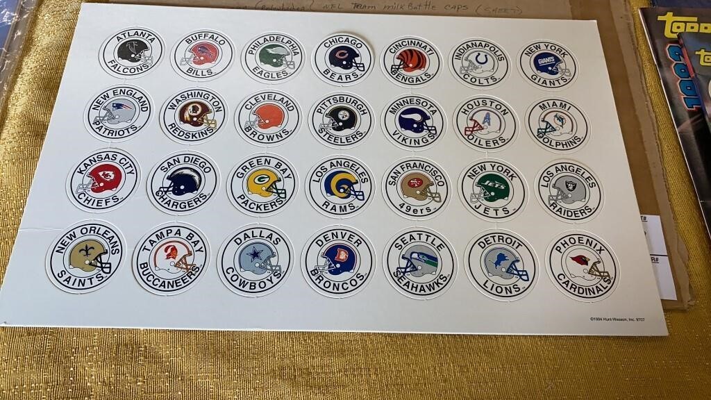 Set of 1994 NFL team milk bottle caps sheet