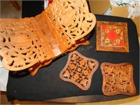 Wood carved book holder & trivets