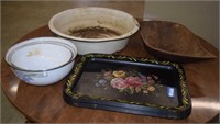 Vtg Floral Metal Trays, Three Metal Mixing Bowls,