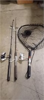 2 Fishing Rods & Reels, Fishing Net.